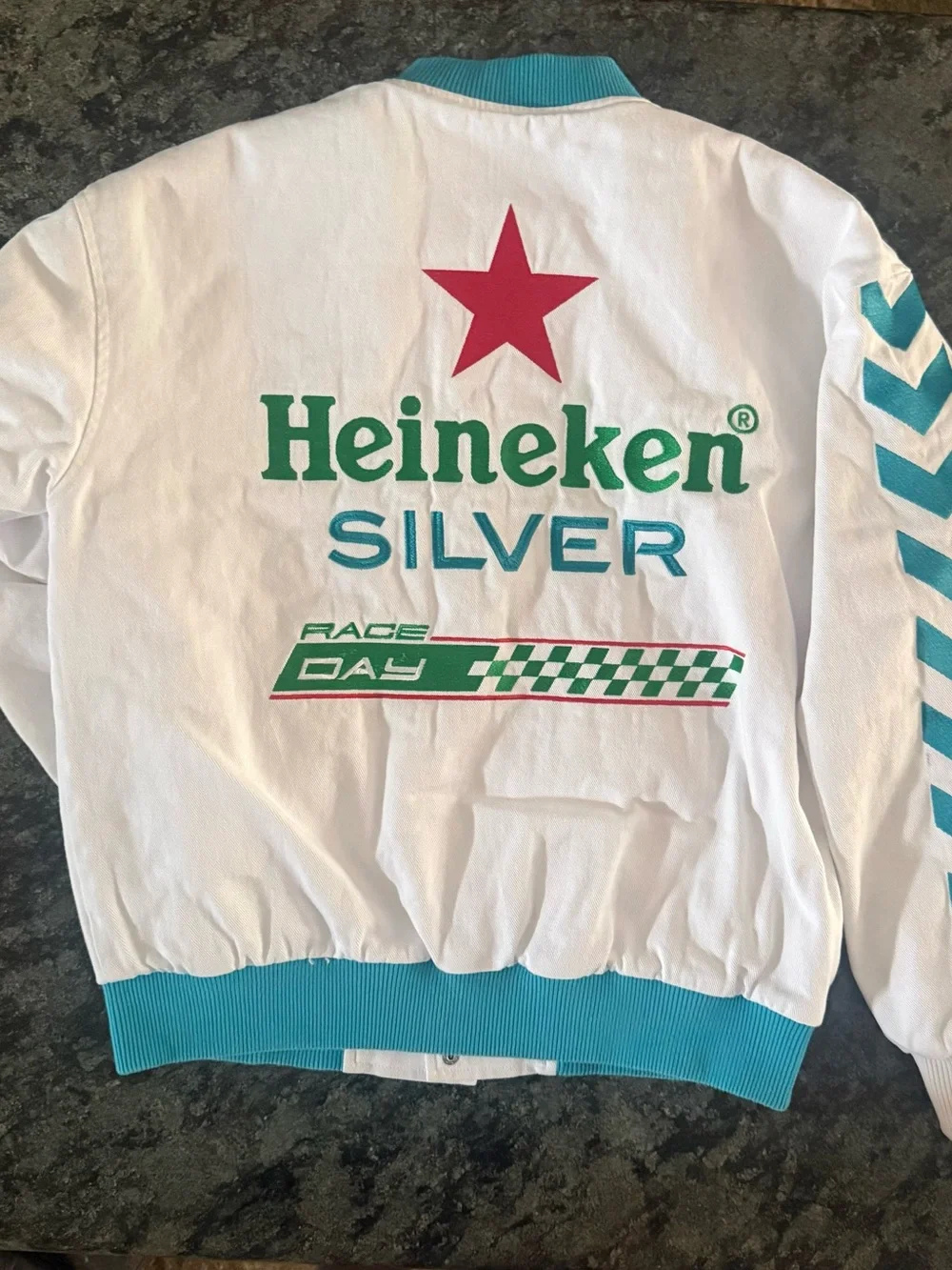 Men’s White & Teal Formula One  Racing Jacket, size Large.  Las Vegas  2025